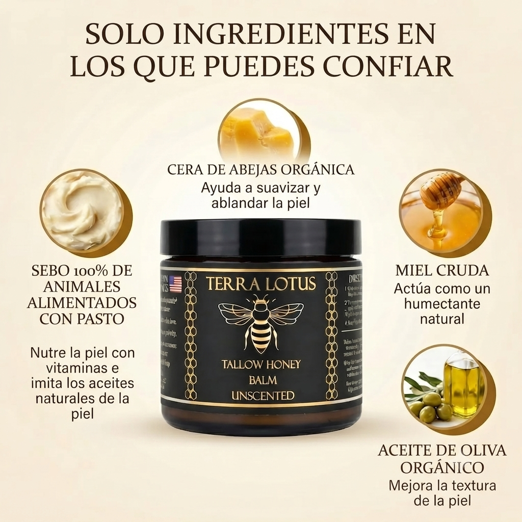 Sebo de res totalmente natural, alimentado con pasto, para una piel suave y profundamente hidratada.